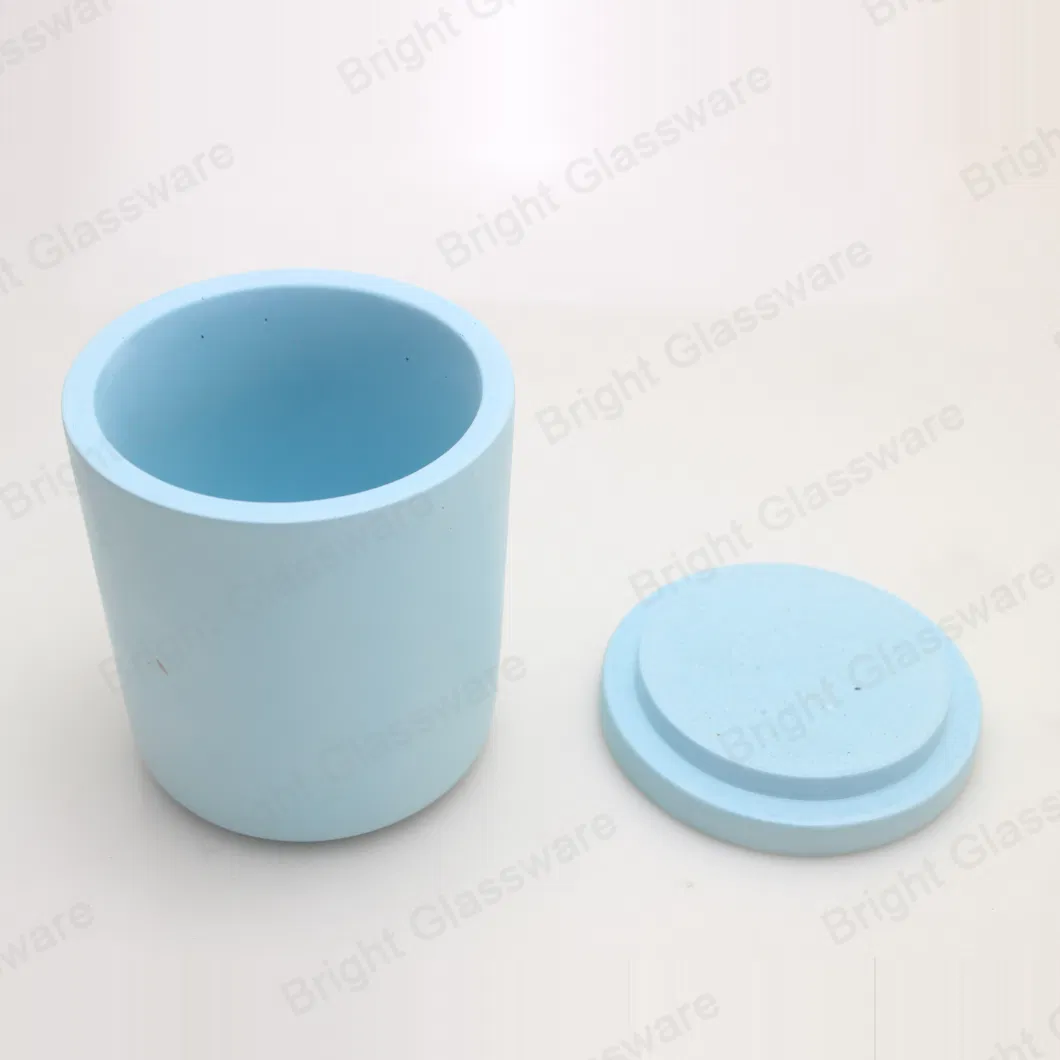 Cylinder Blue Concrete Cement Candle Jar with Lid